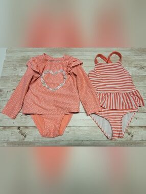 Lot of 2 Cat and Jack Toddler Girls 2-Piece Coral/White Swimsuit Lot- Size 2T